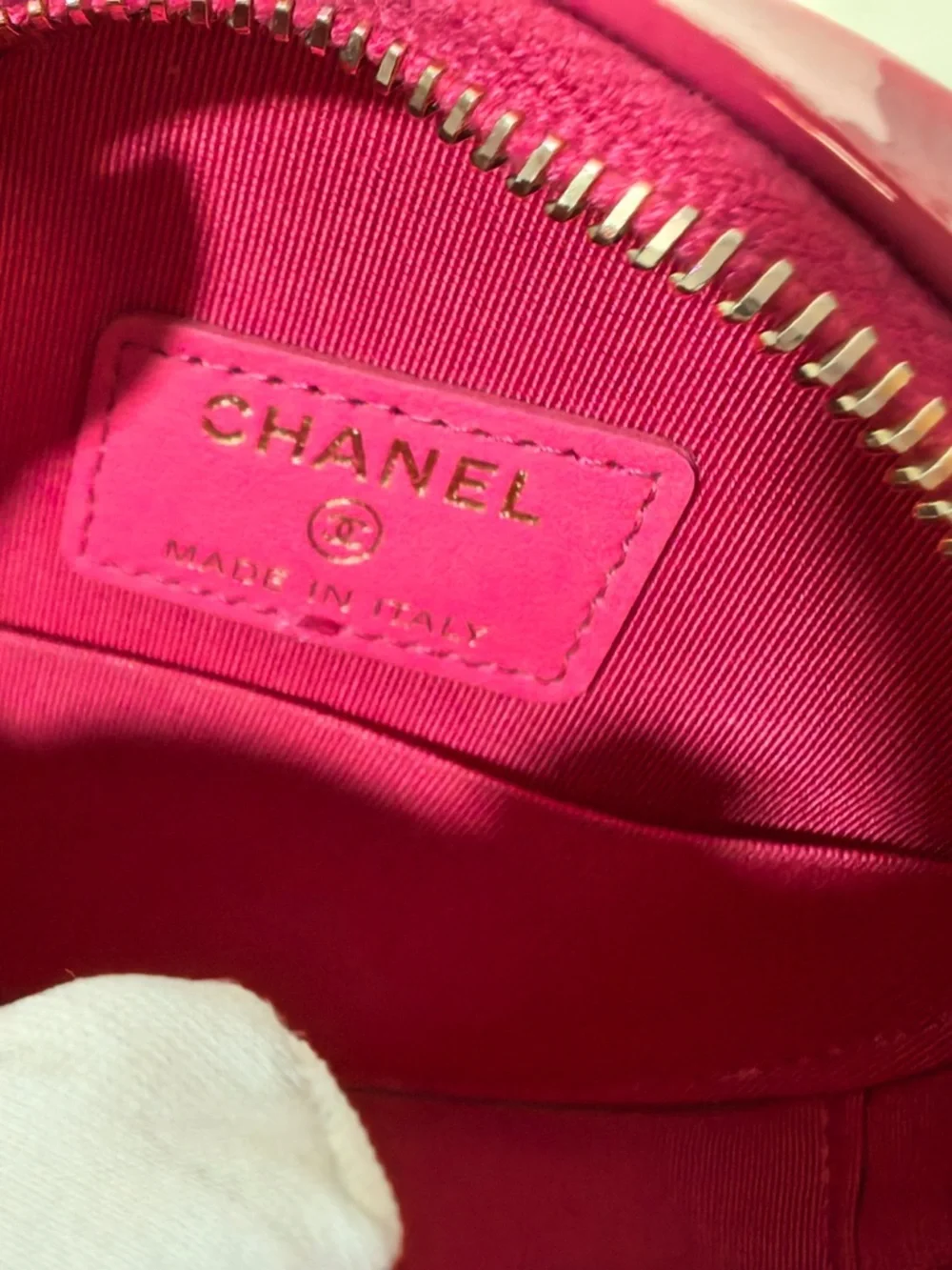 CHANEL Hot Pink Quilted Patent Leather Round Crossbody with Gold CC